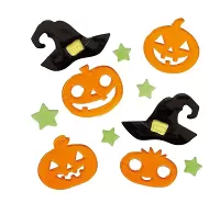 Halloweenska gélová dekorácia na okno – tekvica a klobúky