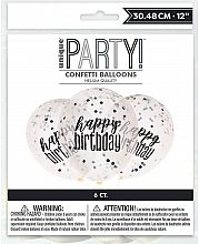 Latexové balóniky Happy Birthday priehľadné s čierno-striebornou potlačou 30cm 6ks